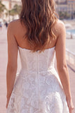 Strapless Pearl White Floral Lace A Line Homecoming Dress with Bow