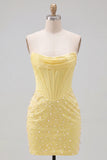 Yellow Corset Strapless Pearl Beaded Bodycon Homecoming Dress