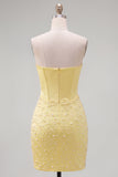 Yellow Corset Strapless Pearl Beaded Bodycon Homecoming Dress