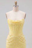 Yellow Corset Strapless Pearl Beaded Bodycon Homecoming Dress