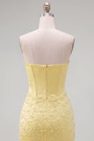 Yellow Corset Strapless Pearl Beaded Bodycon Homecoming Dress