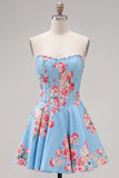 Floral Blue Strapless Pearl A Line Corset Homecoming Dress
