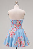 Floral Blue Strapless Pearl A Line Corset Homecoming Dress