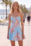 Floral Blue Strapless Pearl A Line Corset Homecoming Dress