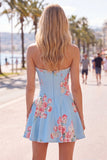 Floral Blue Strapless Pearl A Line Corset Homecoming Dress