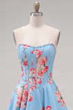 Floral Blue Strapless Pearl A Line Corset Homecoming Dress
