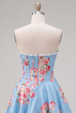 Floral Blue Strapless Pearl A Line Corset Homecoming Dress
