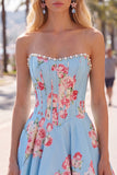 Floral Blue Strapless Pearl A Line Corset Homecoming Dress