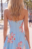 Floral Blue Strapless Pearl A Line Corset Homecoming Dress