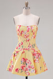 Floral Blue Strapless Pearl A Line Corset Homecoming Dress
