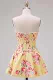 Floral Blue Strapless Pearl A Line Corset Homecoming Dress