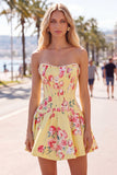 Floral Blue Strapless Pearl A Line Corset Homecoming Dress