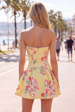 Floral Blue Strapless Pearl A Line Corset Homecoming Dress