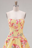 Floral Blue Strapless Pearl A Line Corset Homecoming Dress