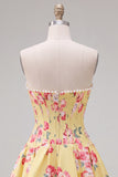 Floral Blue Strapless Pearl A Line Corset Homecoming Dress