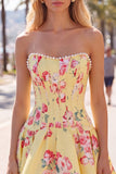 Floral Blue Strapless Pearl A Line Corset Homecoming Dress