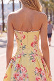 Floral Blue Strapless Pearl A Line Corset Homecoming Dress