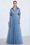 Grey Blue A Line Tulle Long Mother of the Bride Dress with Belt