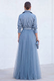 Grey Blue A Line Tulle Long Mother of the Bride Dress with Belt