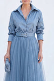 Grey Blue A Line Tulle Long Mother of the Bride Dress with Belt