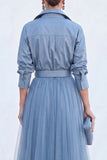 Grey Blue A Line Tulle Long Mother of the Bride Dress with Belt