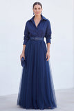 Grey Blue A Line Tulle Long Mother of the Bride Dress with Belt