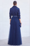 Grey Blue A Line Tulle Long Mother of the Bride Dress with Belt