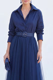 Grey Blue A Line Tulle Long Mother of the Bride Dress with Belt