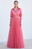 Grey Blue A Line Tulle Long Mother of the Bride Dress with Belt