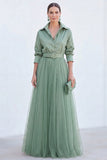 Grey Blue A Line Tulle Long Mother of the Bride Dress with Belt