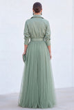 Grey Blue A Line Tulle Long Mother of the Bride Dress with Belt