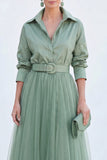 Grey Blue A Line Tulle Long Mother of the Bride Dress with Belt