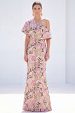 Yellow Asymmetrical Jacquard Mermaid Wedding Guest Dress