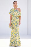 Yellow Asymmetrical Jacquard Mermaid Wedding Guest Dress