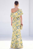 Yellow Asymmetrical Jacquard Mermaid Wedding Guest Dress
