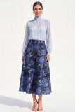 Purple Sheer High Neck Jacquard A Line Midi Mother of the Bride Dress with Long Sleeves