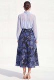 Purple Sheer High Neck Jacquard A Line Midi Mother of the Bride Dress with Long Sleeves