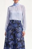 Purple Sheer High Neck Jacquard A Line Midi Mother of the Bride Dress with Long Sleeves
