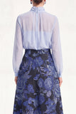 Purple Sheer High Neck Jacquard A Line Midi Mother of the Bride Dress with Long Sleeves