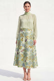 Purple Sheer High Neck Jacquard A Line Midi Mother of the Bride Dress with Long Sleeves