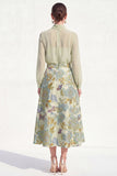 Purple Sheer High Neck Jacquard A Line Midi Mother of the Bride Dress with Long Sleeves