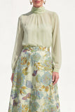 Purple Sheer High Neck Jacquard A Line Midi Mother of the Bride Dress with Long Sleeves
