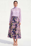 Purple Sheer High Neck Jacquard A Line Midi Mother of the Bride Dress with Long Sleeves