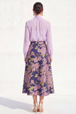 Purple Sheer High Neck Jacquard A Line Midi Mother of the Bride Dress with Long Sleeves