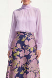 Purple Sheer High Neck Jacquard A Line Midi Mother of the Bride Dress with Long Sleeves