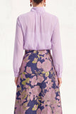 Purple Sheer High Neck Jacquard A Line Midi Mother of the Bride Dress with Long Sleeves