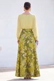 Green A Line Bateau Neck Jacquard Floral Long Sleeve Mother of the Bride Dress