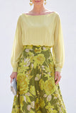 Green A Line Bateau Neck Jacquard Floral Long Sleeve Mother of the Bride Dress