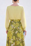 Green A Line Bateau Neck Jacquard Floral Long Sleeve Mother of the Bride Dress