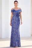 Royal Blue Mermaid Off the Shoulder Maxi Dress with 3D Flowers